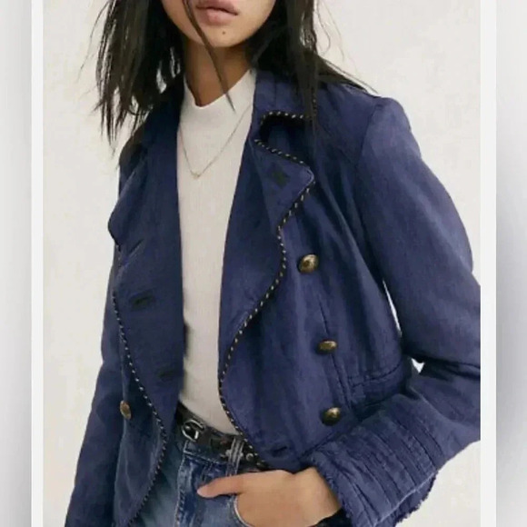 Free People navy linen blend coat sailor military core - Picture 1 of 5